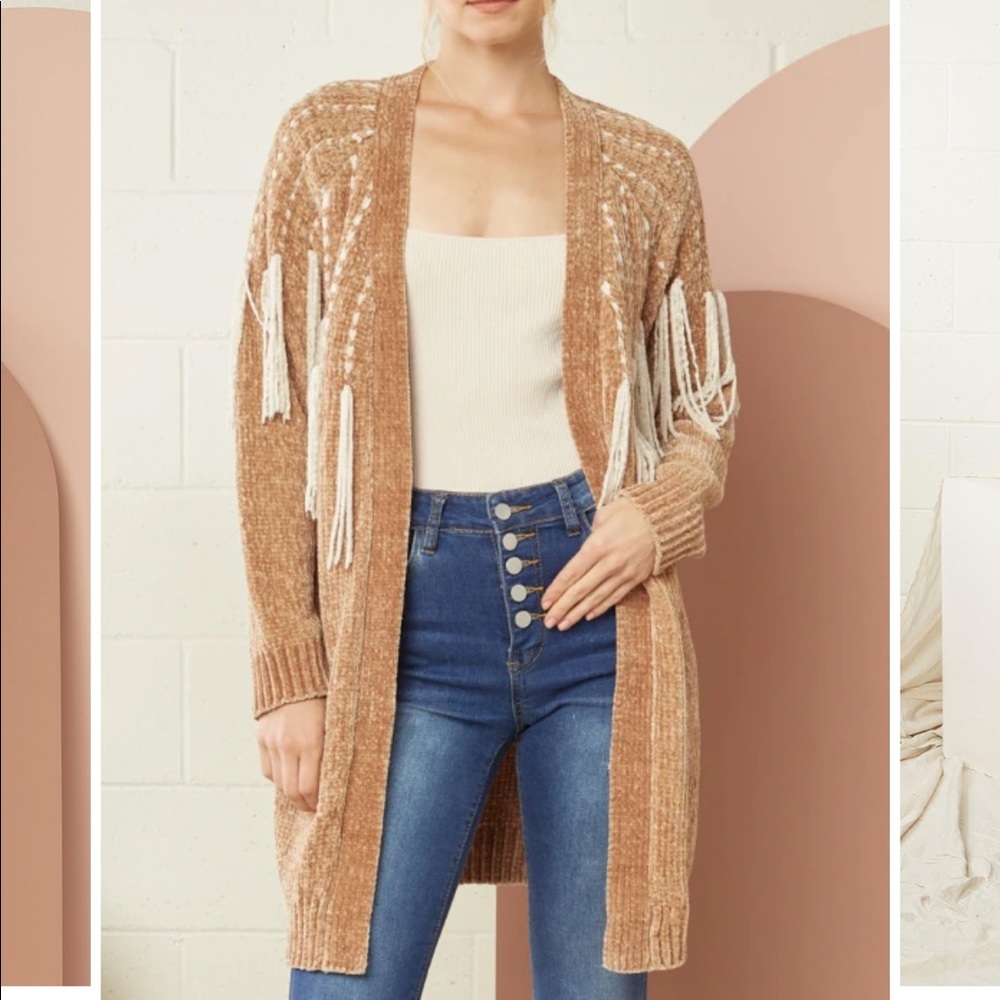 Tan fringe chenille cardigan